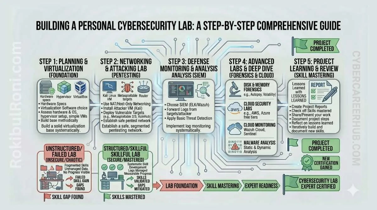 Personal cybersecurity lab architecture for pentesting, SIEM, forensics, and cloud practice