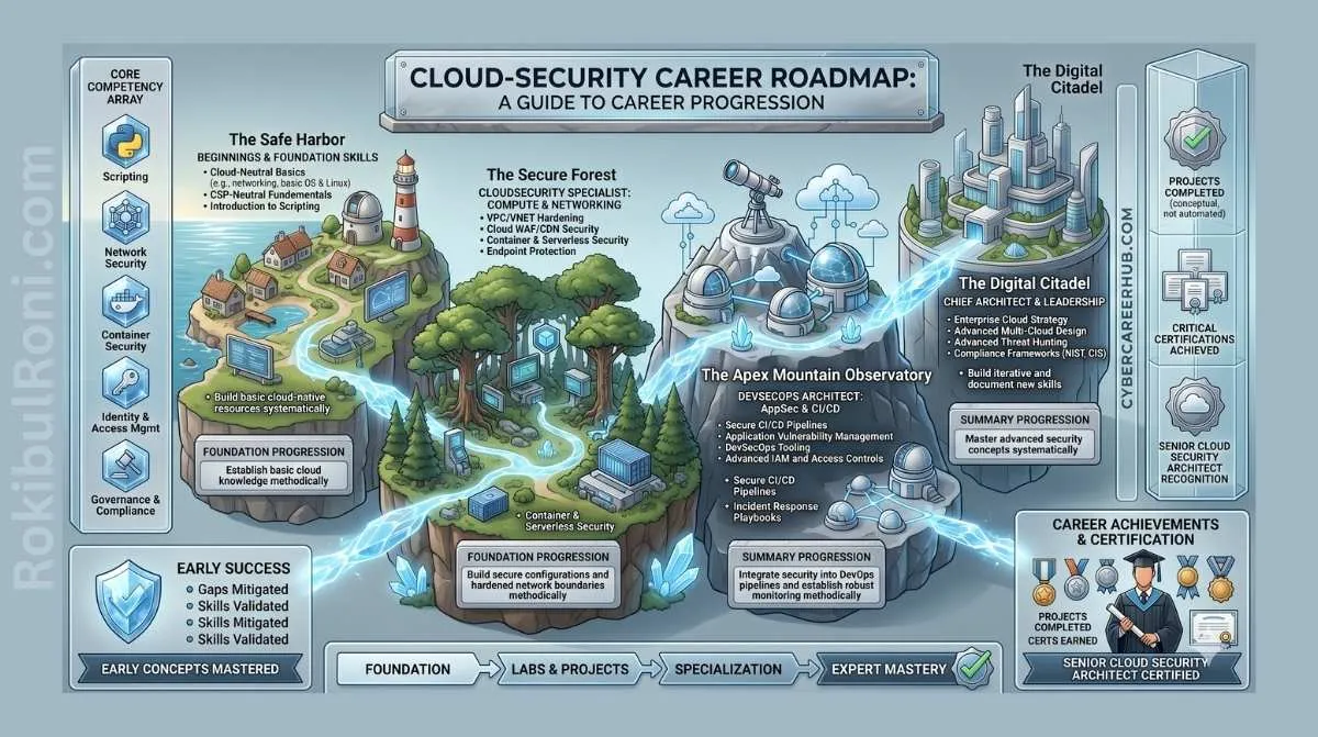 Cloud security career roadmap with cloud, shield, and connected skill paths