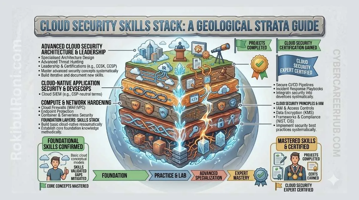 Cloud security skills stack with identity, network, automation, and monitoring layers