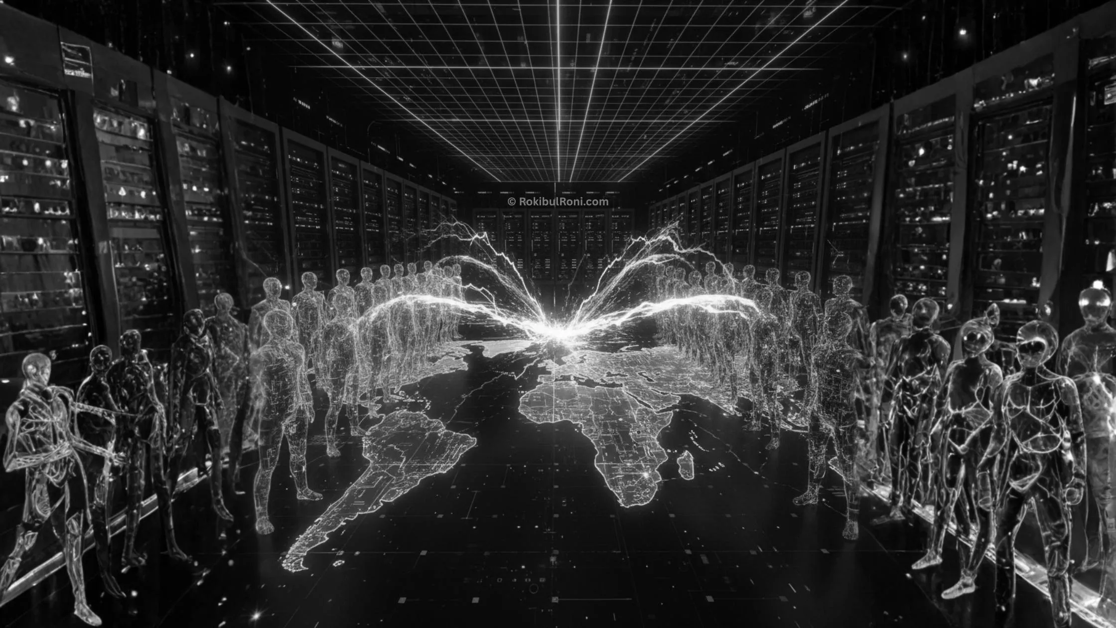 Two holographic human figures made of code facing each other across a split digital world map, symbolizing the rise of AI conflict and the global divide between open and restricted artificial intelligence.