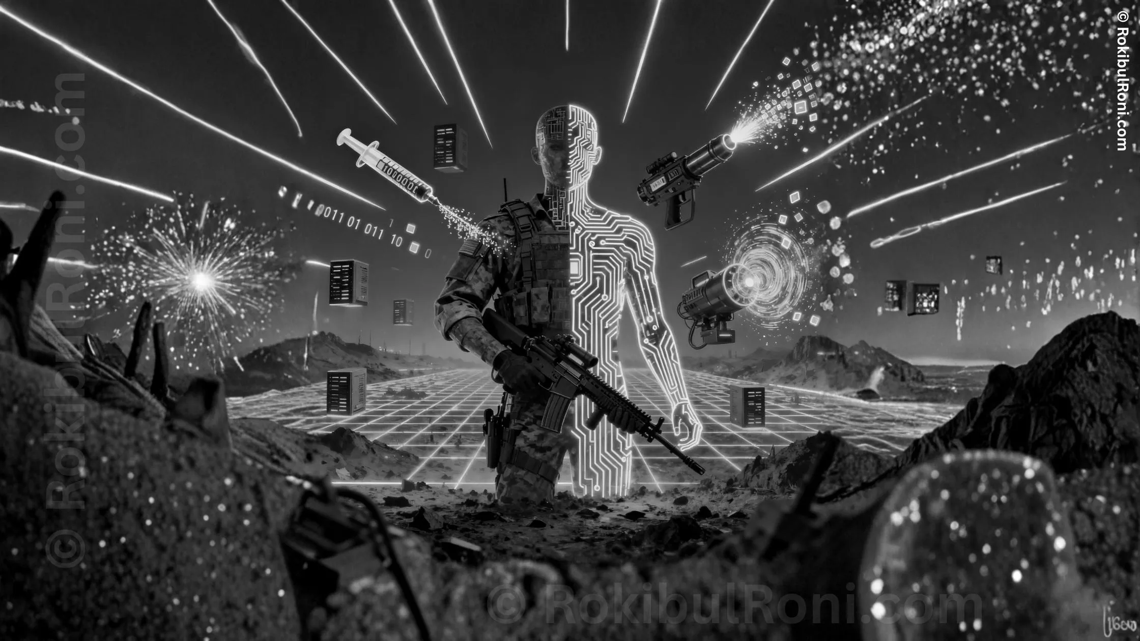 Cyber soldier standing amid a digital battlefield, symbolizing AI-driven warfare and hybrid conflict.