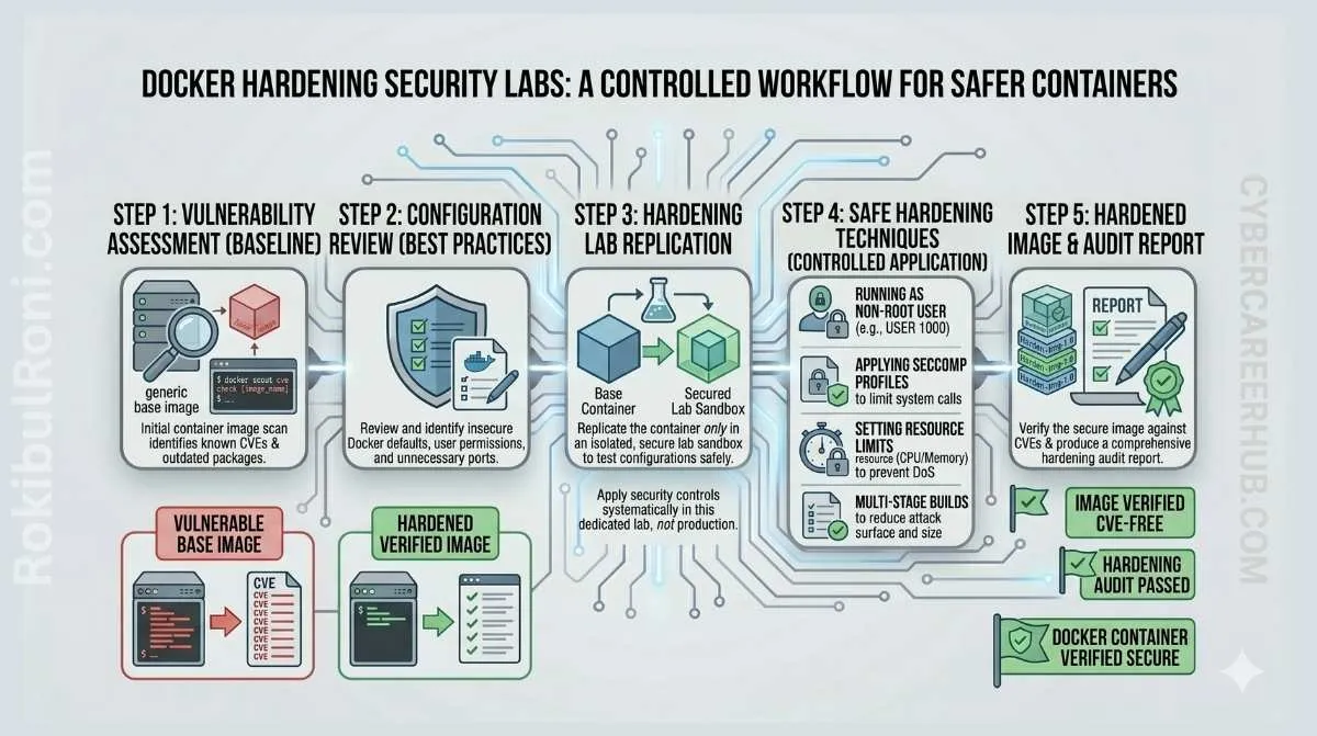 Docker hardening workflow for safe cybersecurity lab environments