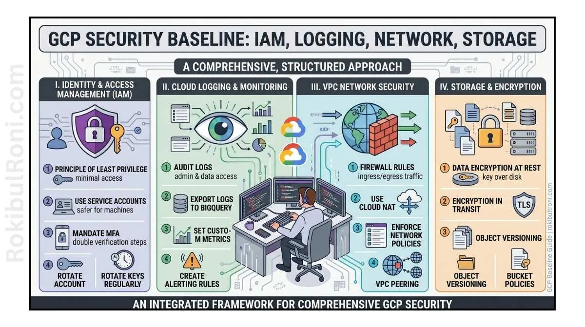 Practical GCP security baseline for IAM, logging, network, and storage hardening