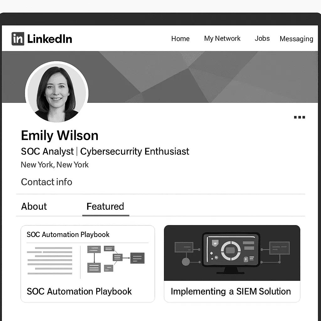 Screenshot-style mockup of a LinkedIn profile with strong headline and featured projects