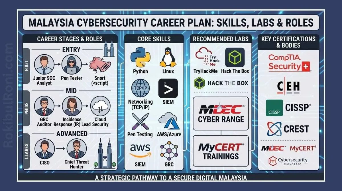 Malaysia-focused cybersecurity career roadmap with skills, labs, and role pathways