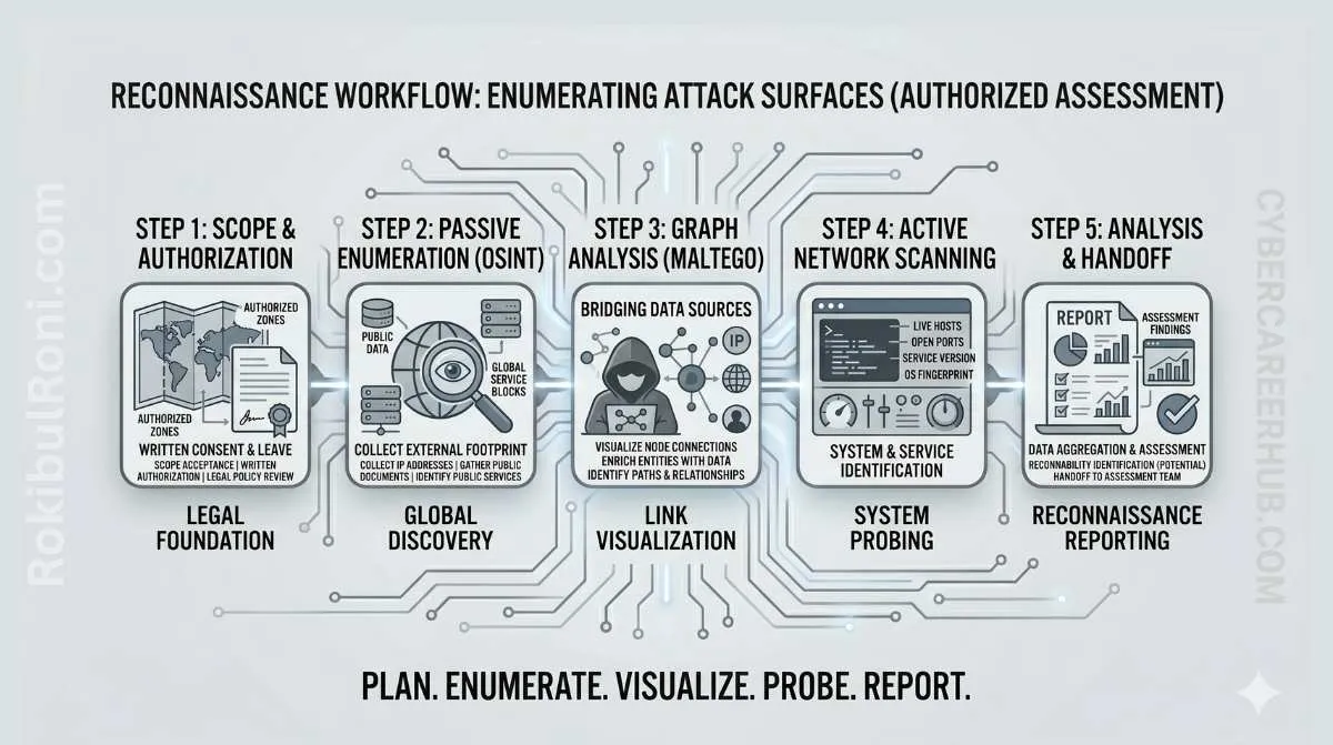 Authorized reconnaissance workflow using Nmap, Shodan, and Maltego