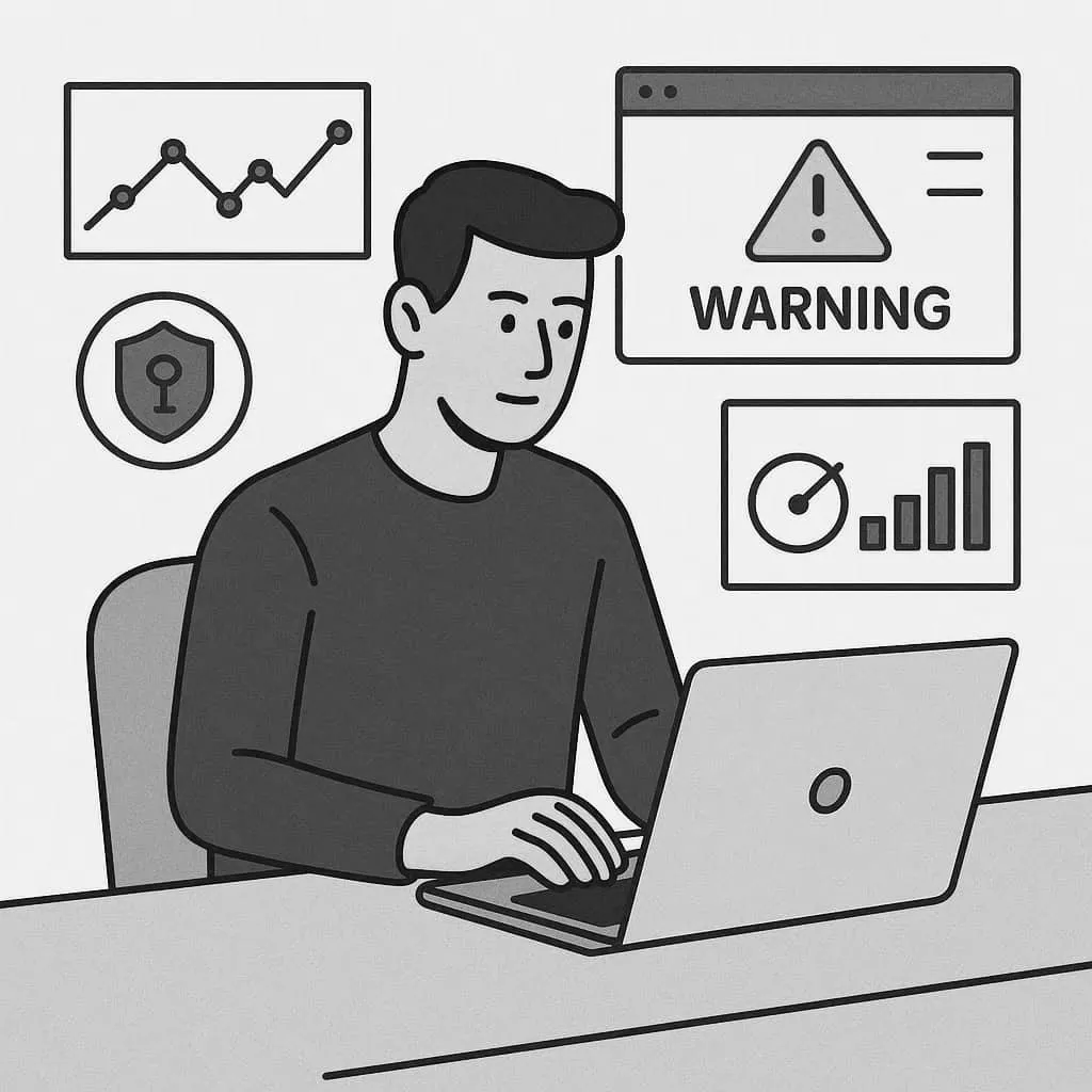 Illustration of a remote SOC analyst working on a laptop with cybersecurity graphs and warning icons
