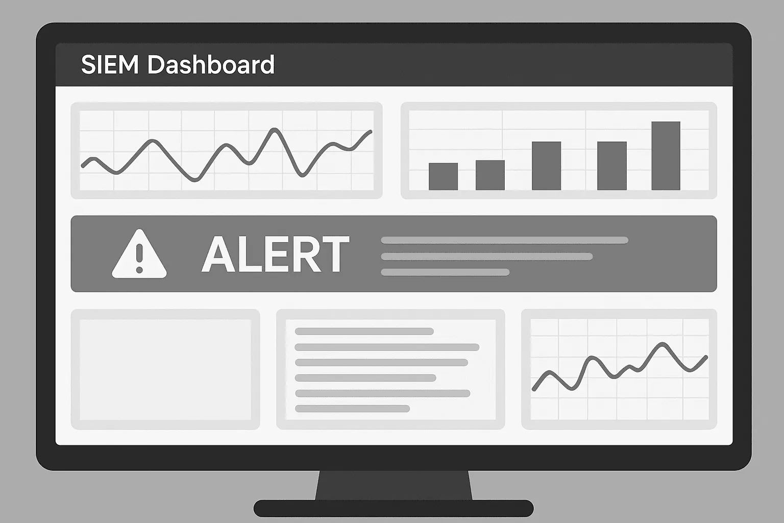Illustration of a SIEM dashboard with a highlighted alert banner and multiple data charts