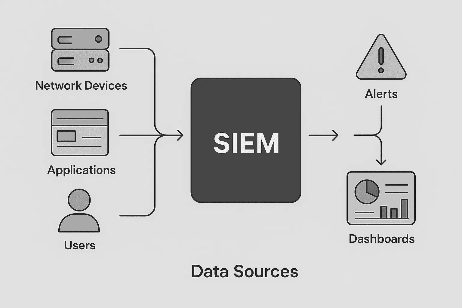 Diagram of SIEM data flow from multiple sources to alerts and dashboards