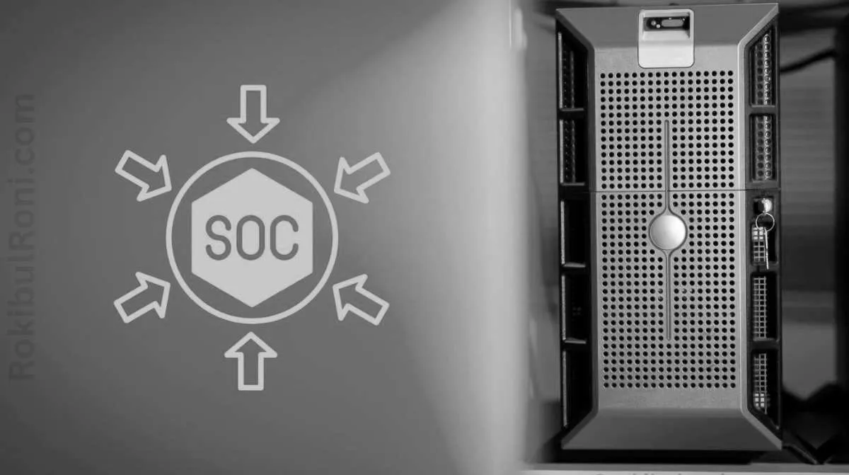 Illustration of a modern SOC-analyst desks, video wall, and layered architecture diagram