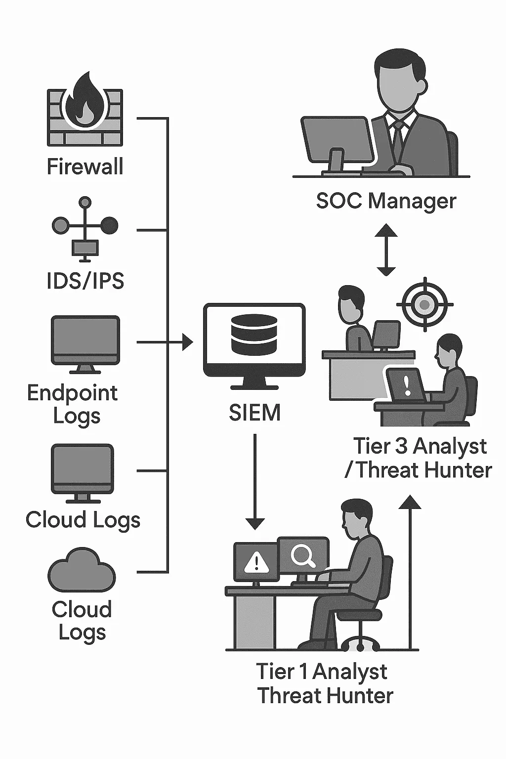 SOC architecture diagram showing Tier 1, 2, 3 analysts, SIEM platform, and alert sources