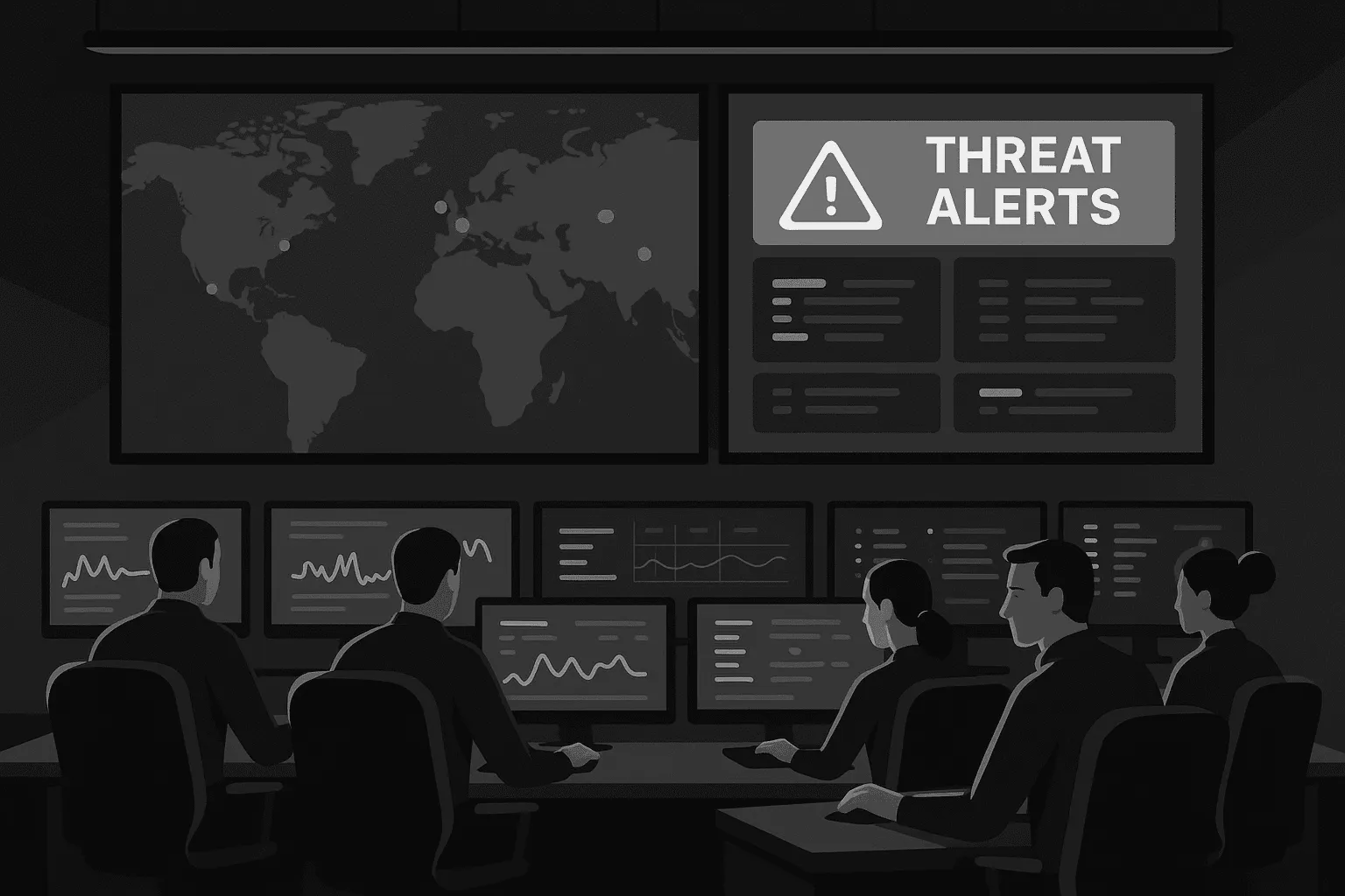 Illustration of a SOC command center with analysts monitoring screens and a large Threat Alerts display