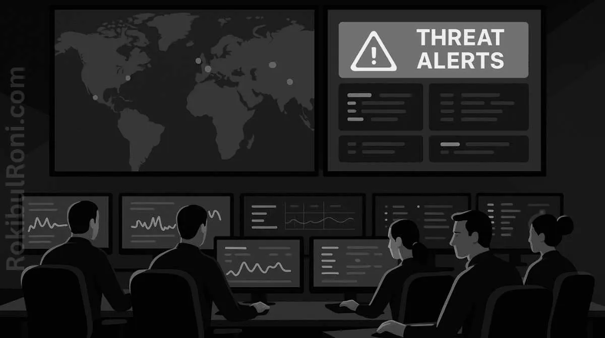 Illustration of a SOC command center with analysts monitoring screens and a large Threat Alerts display