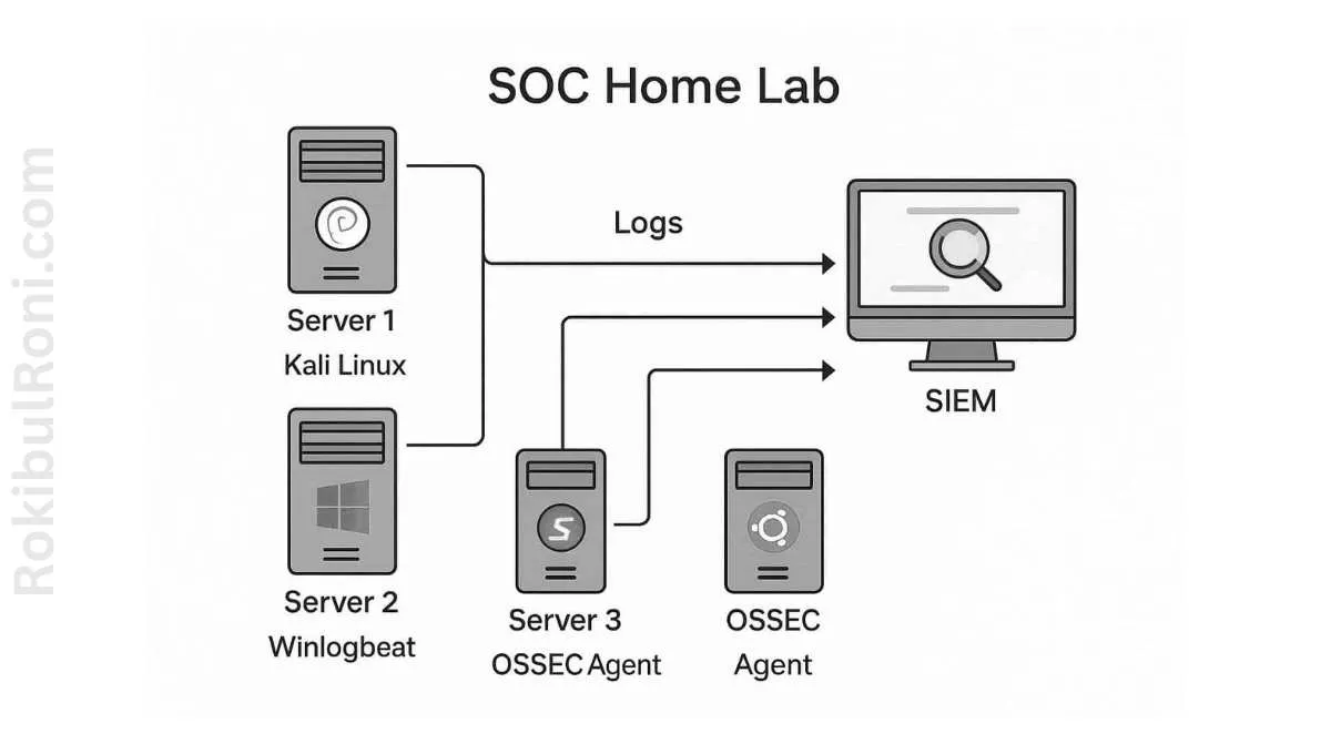 Network diagram of a SOC home lab showing three servers sending logs to a central SIEM