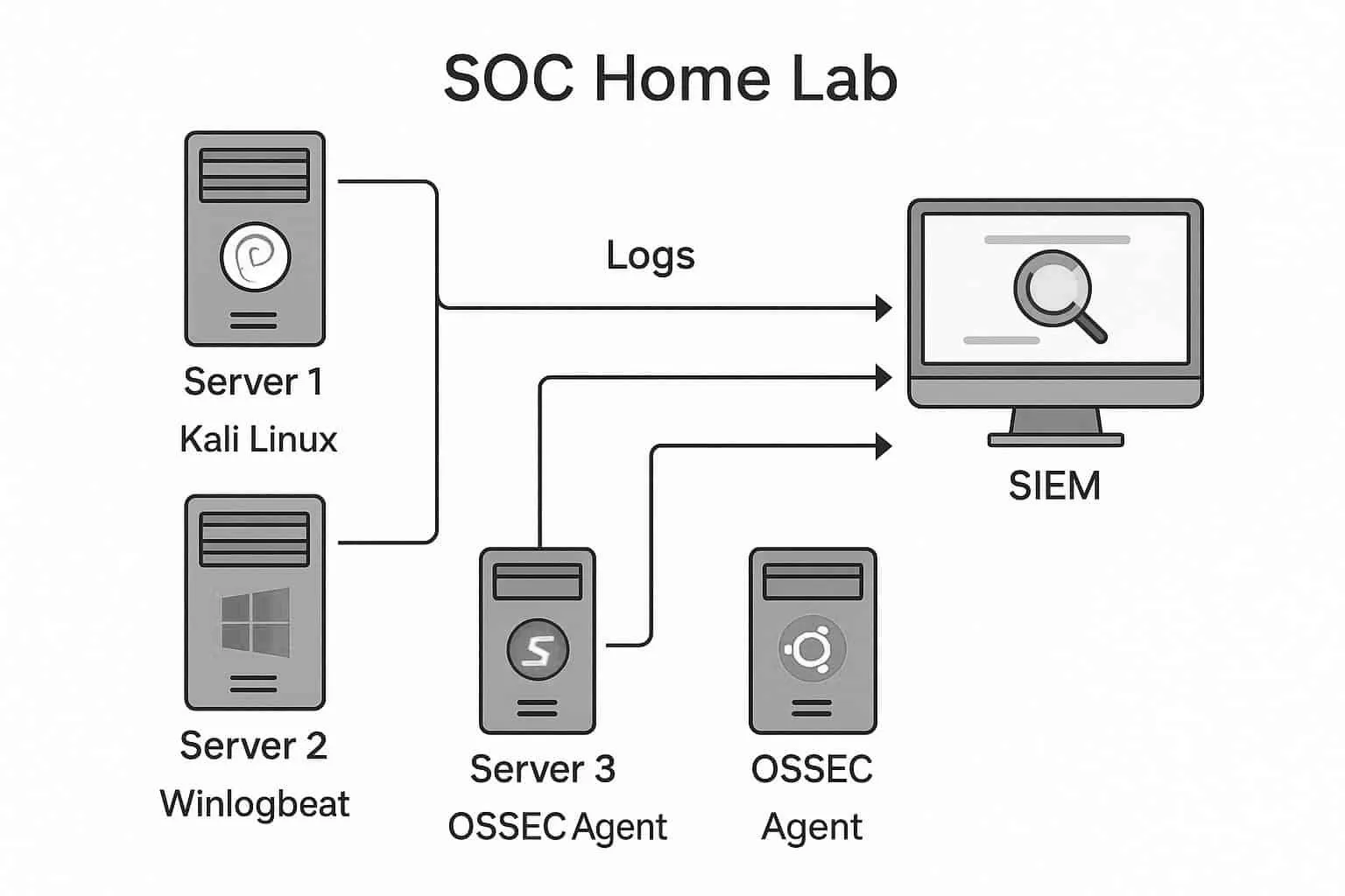 Network diagram of a SOC home lab showing three servers sending logs to a central SIEM